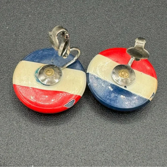 Patriotic Vintage  Red White and Blue Enamel Clip On Earrings - Picture 4 of 9